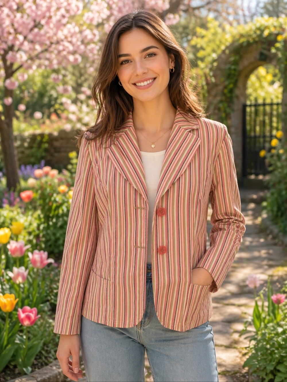 Requirements Pink Green White Black Striped Two Button Spring Jacket. S 10